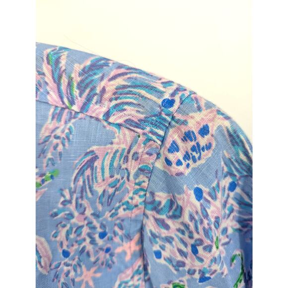 Lilly Pulitzer 100% Linen Button Down Shirt Women’s Small Blue Pink Green Floral - Picture 5 of 5